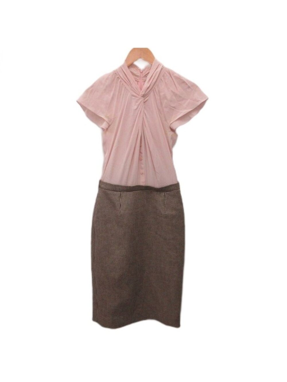 Dior Dress Knee-Length Contrast Silk 100% Check Pink Brown 36